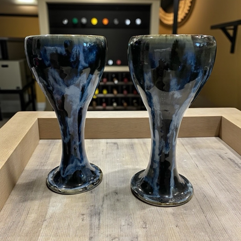 Handcrafted 8” Ceramic Churning Goblet – Blue & Black Glaze (Set of 2)